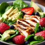 Avocado Strawberry Spinach Salad with Grilled Chicken First Image
