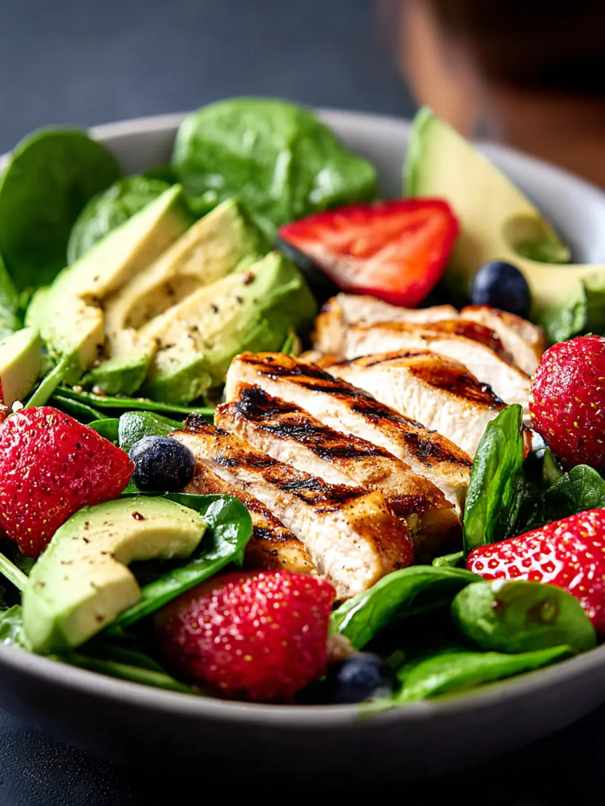 Avocado Strawberry Spinach Salad with Grilled Chicken First Image
