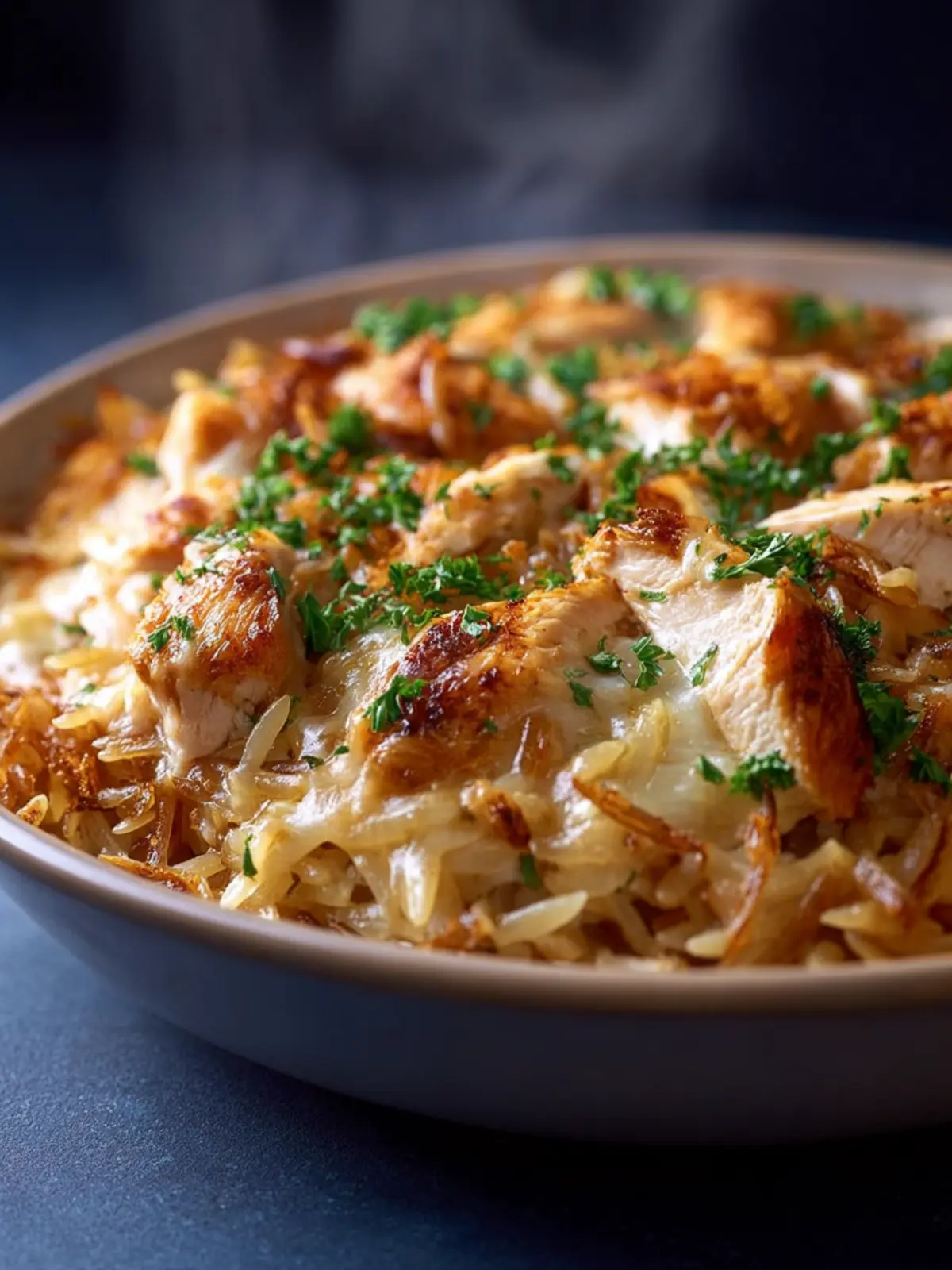 French Onion Chicken Orzo Casserole First Image